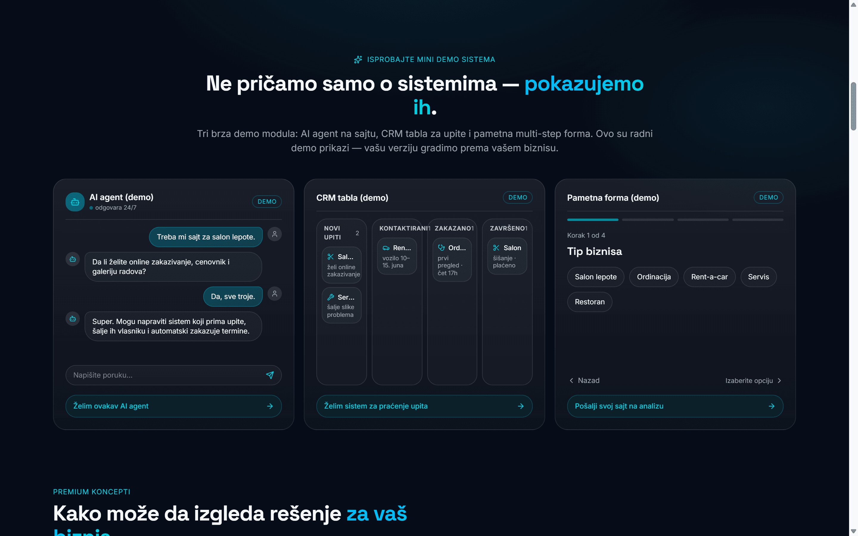 Three demo modules on the Studio Sajtova site: an AI agent chat, an inquiry board and a four-step form, each marked as a demo.