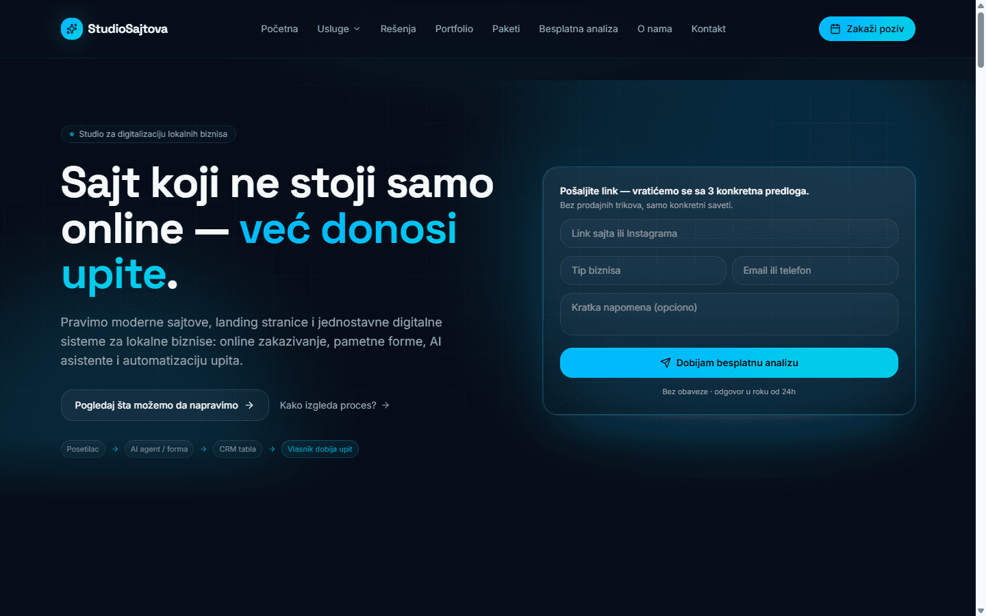 The live studiosajtova.com first screen at 1440 px: navigation across the top, the headline and actions on the left, the free-analysis form on the right.