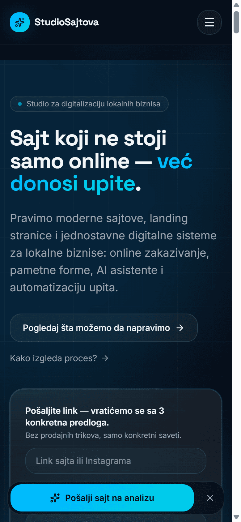 The same first screen at 390 px: the headline on three lines, stacked actions, no flow chips, the form starting near the bottom.