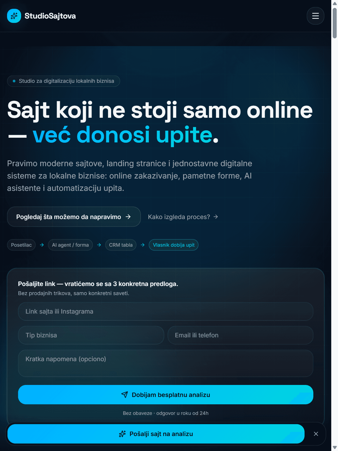 The same first screen at 768 px: a menu button instead of the navigation, the form beneath the text, a fixed bar at the bottom.