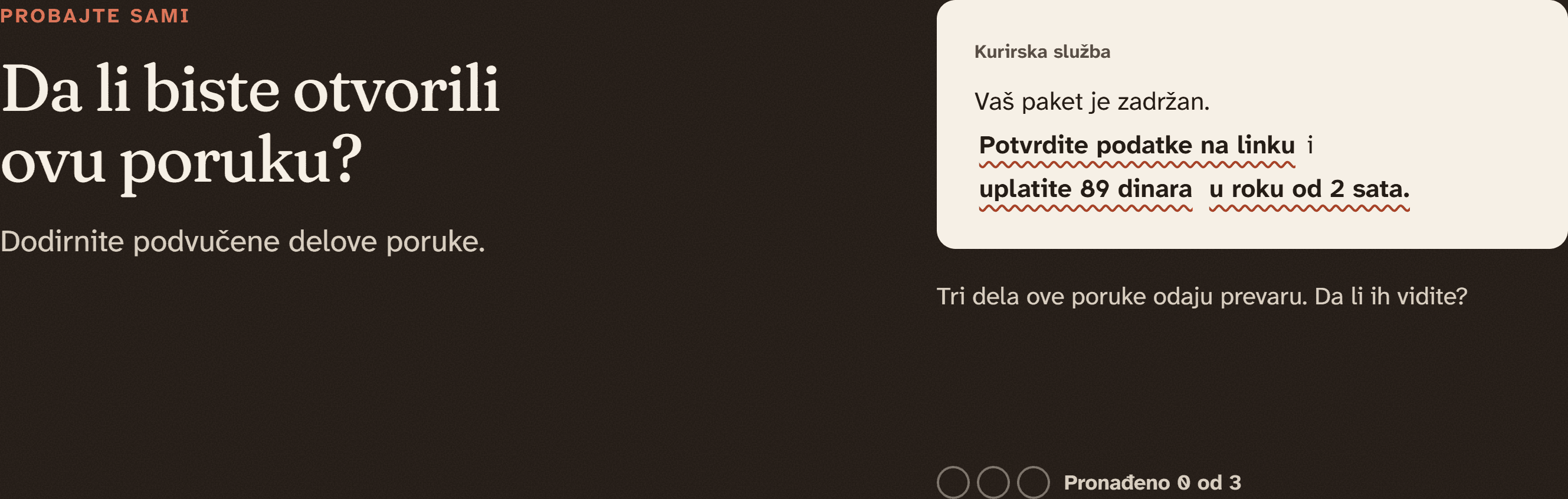 The scam check: a courier text message with three underlined parts and the counter at 0 of 3.